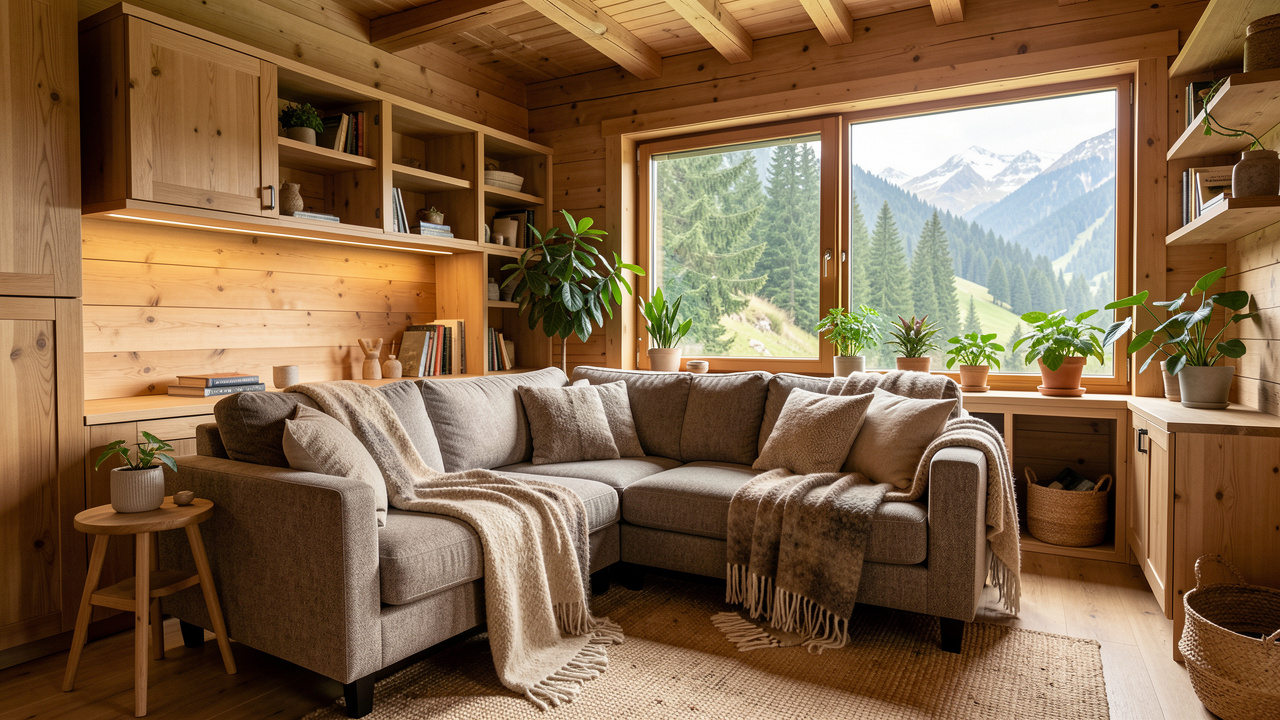 Intérieur chaleureux et durable d’un chalet aménagé en espace de loisirs, avec mobilier en bois, canapé confortable, textiles naturels et vue sur une forêt alpine.