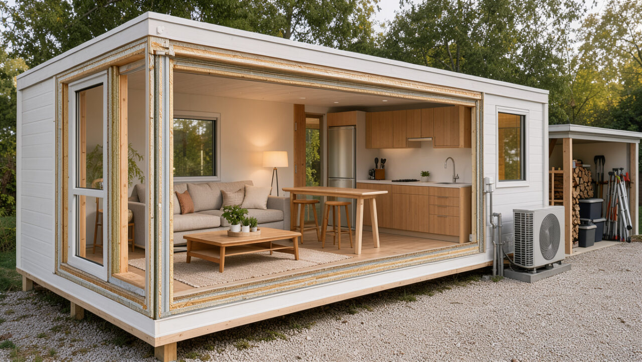 Mobil-home moderne présenté en coupe avec isolation renforcée, fenêtres performantes, équipements confortables et espaces pratiques.