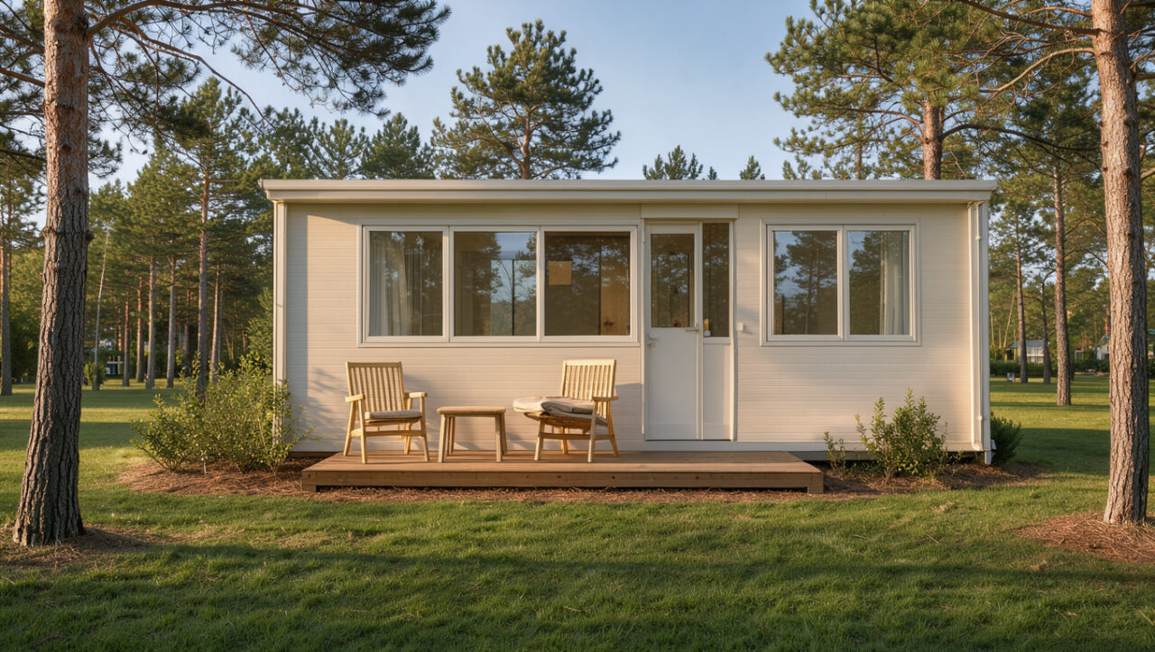 Mobil-home neuf et moderne installé dans un cadre verdoyant de vacances, avec terrasse en bois et aménagement pratique.