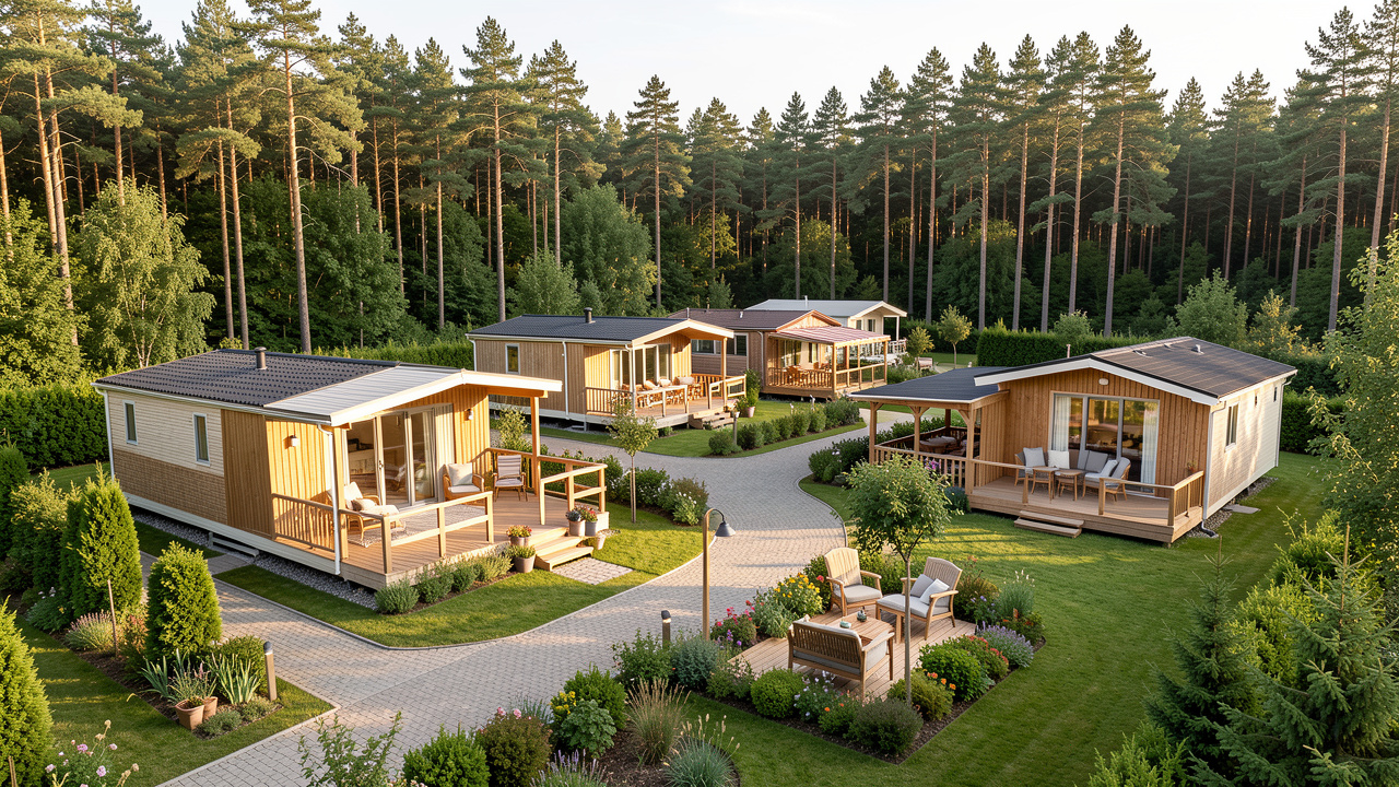 Plusieurs modèles de mobil-homes de style chalet, de tailles et d’aménagements variés, installés dans un parc résidentiel paysager entouré d’arbres.