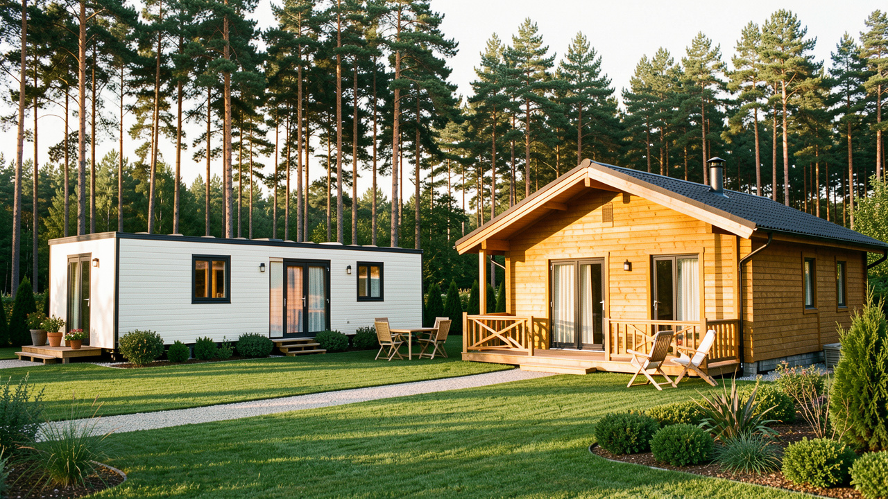 Un mobil-home moderne et un chalet en bois présentés côte à côte dans un cadre verdoyant de vacances.