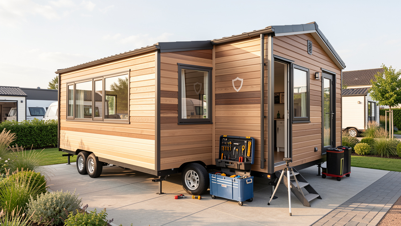 Mobil-home moderne et robuste présenté dans un espace soigné, avec des outils d’inspection et un symbole de protection évoquant les garanties et le service après-vente.