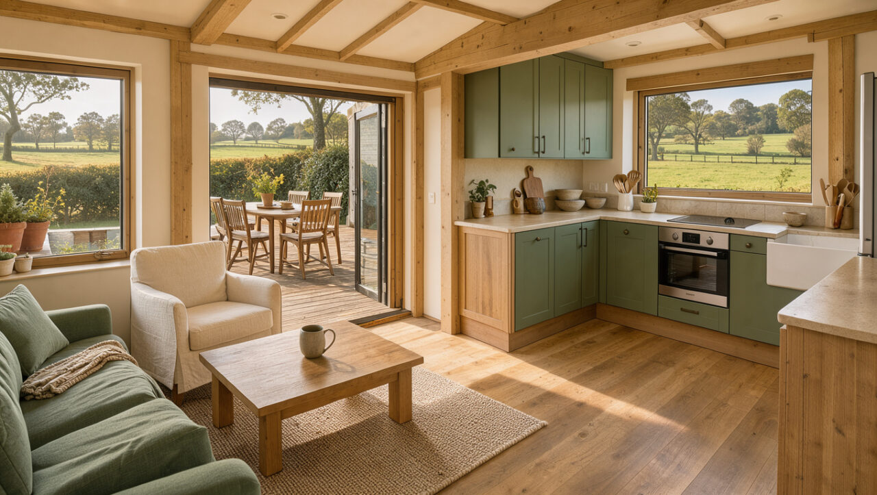 Mobil-home d’inspiration anglaise, lumineux et spacieux, avec intérieur en bois, cuisine équipée et terrasse donnant sur une campagne verdoyante.
