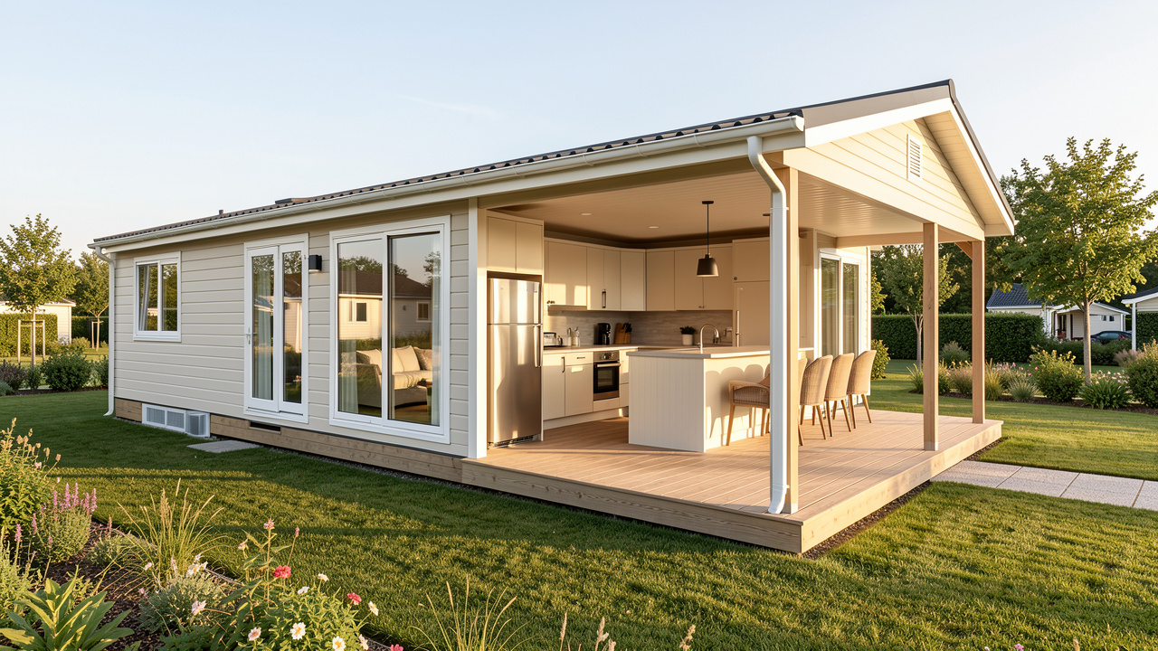 Mobil-home neuf haut de gamme avec cuisine équipée, salle de bains élégante, grandes fenêtres et terrasse couverte dans un parc paysager.