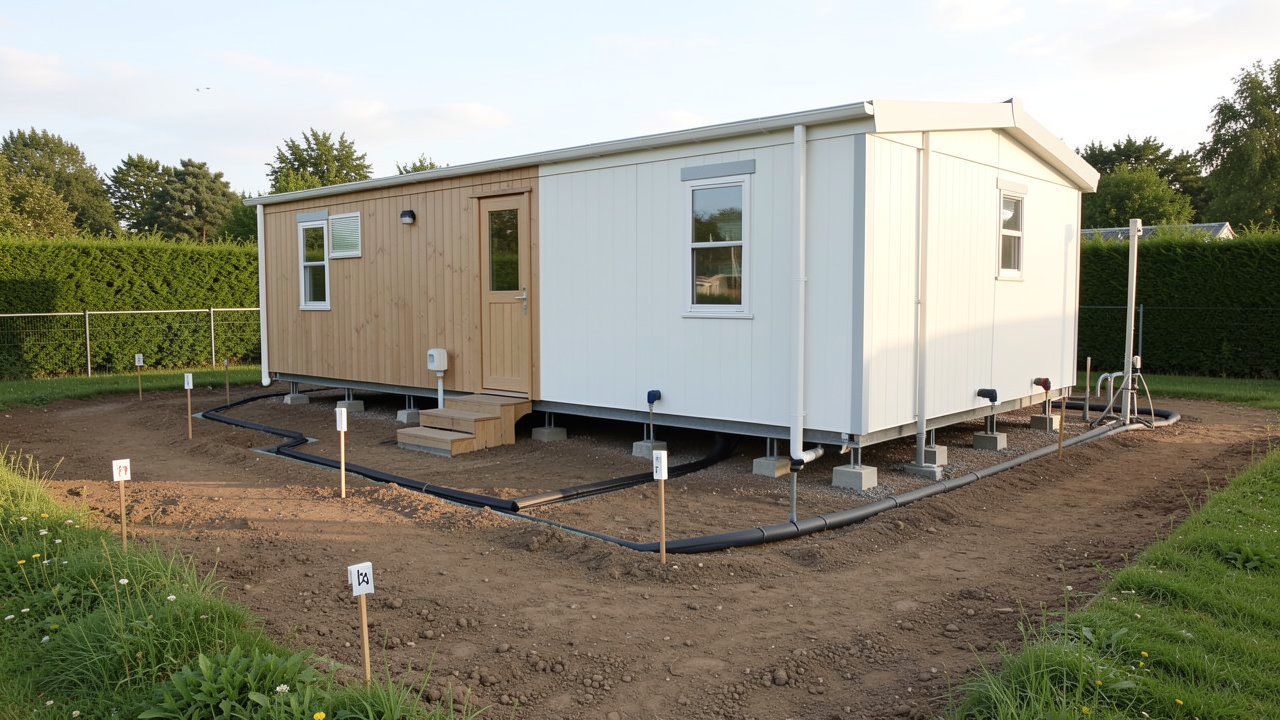 Mobil-home moderne installé sur un terrain aménagé avec supports de fondation, raccordements, bornes de délimitation et chemin d’accès.