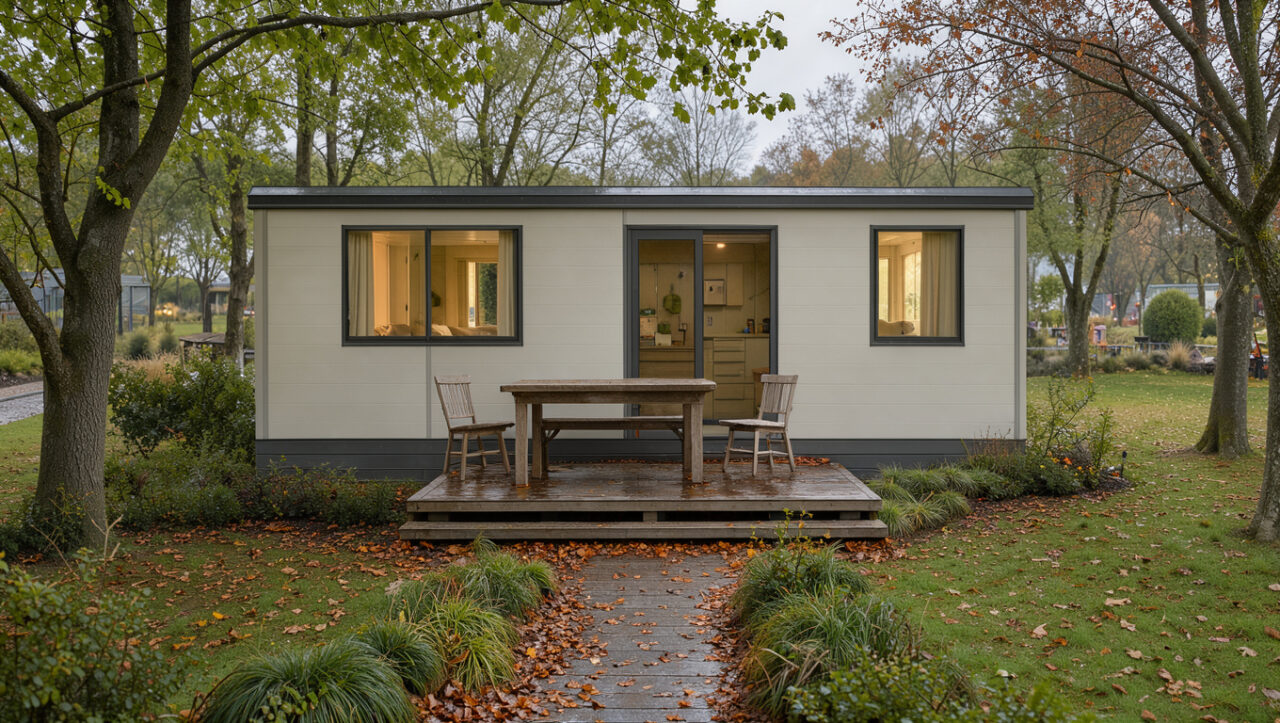 Mobil-home résidentiel avec terrasse dans un camping arboré, aménagé pour y vivre toute l’année.
