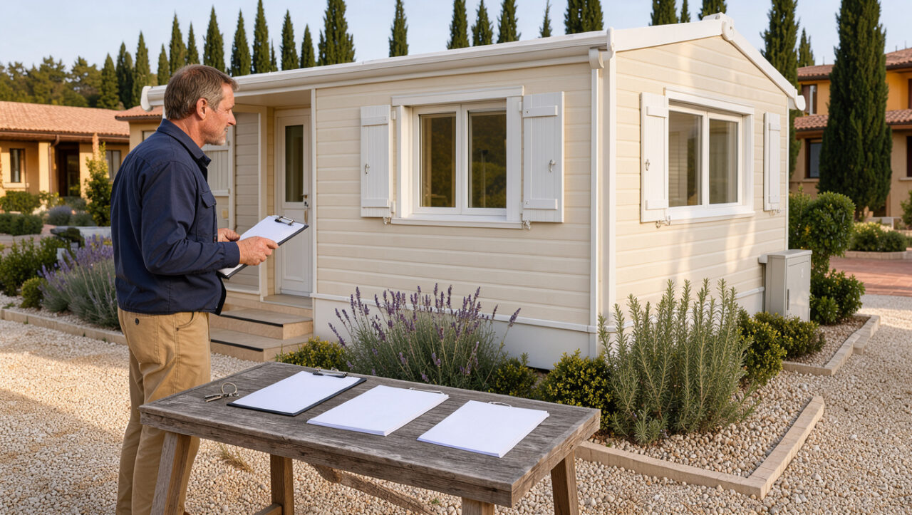 Mobil-home entretenu dans un parc résidentiel du Sud de la France, avec un clipboard, des clés et des documents vierges évoquant la vérification des règles de vente.