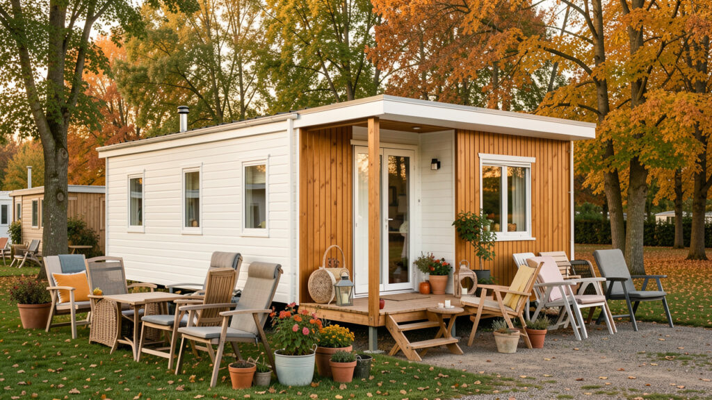 Mobil-home neuf installé dans un parc résidentiel entouré d’arbres aux couleurs automnales, évoquant une offre de déstockage de fin de saison.