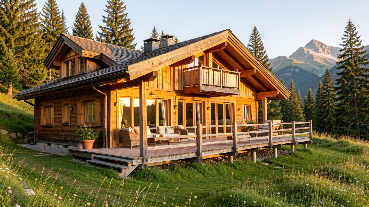 Chalet en bois avec terrasse, grandes fenêtres et mobilier extérieur, situé dans un paysage alpin entouré de pins.