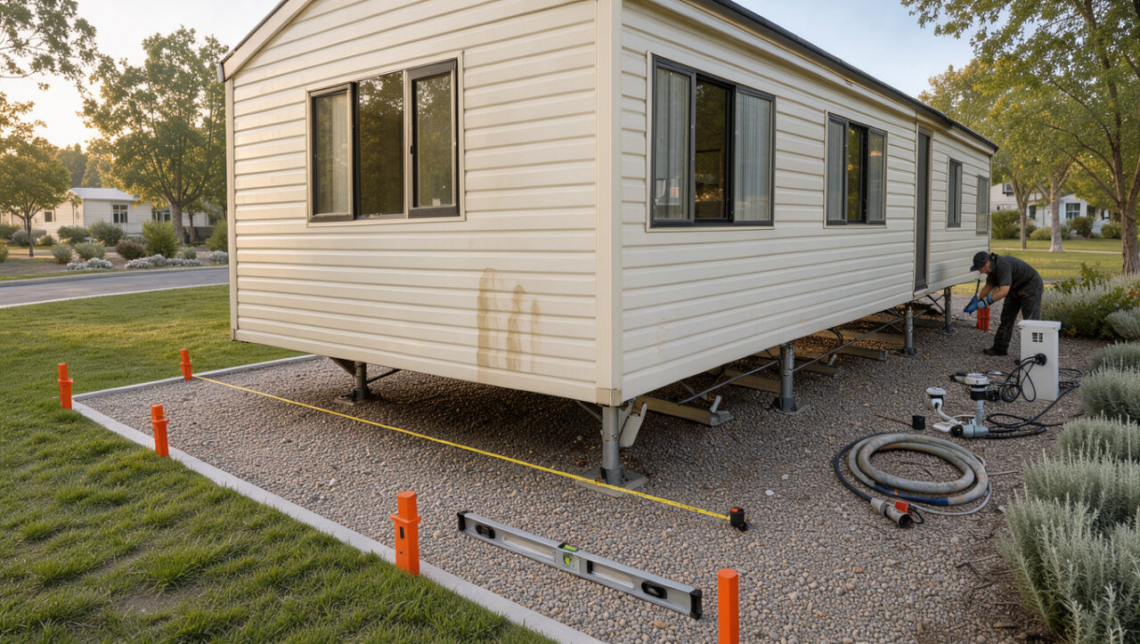 Mobil-home d’occasion installé sur une parcelle aménagée de camping, avec repères de limites, niveau à bulle et raccordements visibles pour évoquer les vérifications réglementaires.